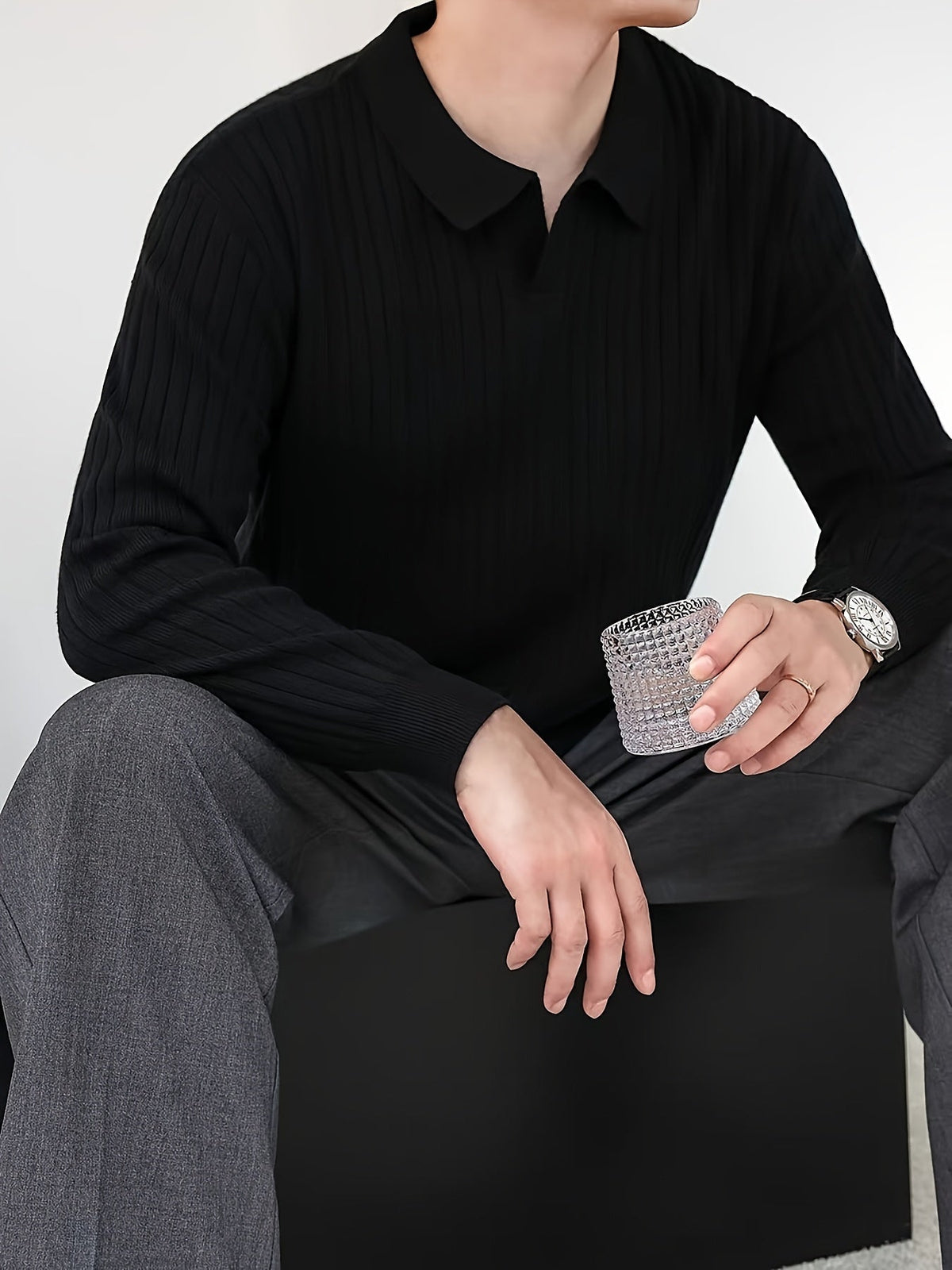 Men's Ribbed Knit Shirt Long Sleeve Collared Casual Everyday Wear