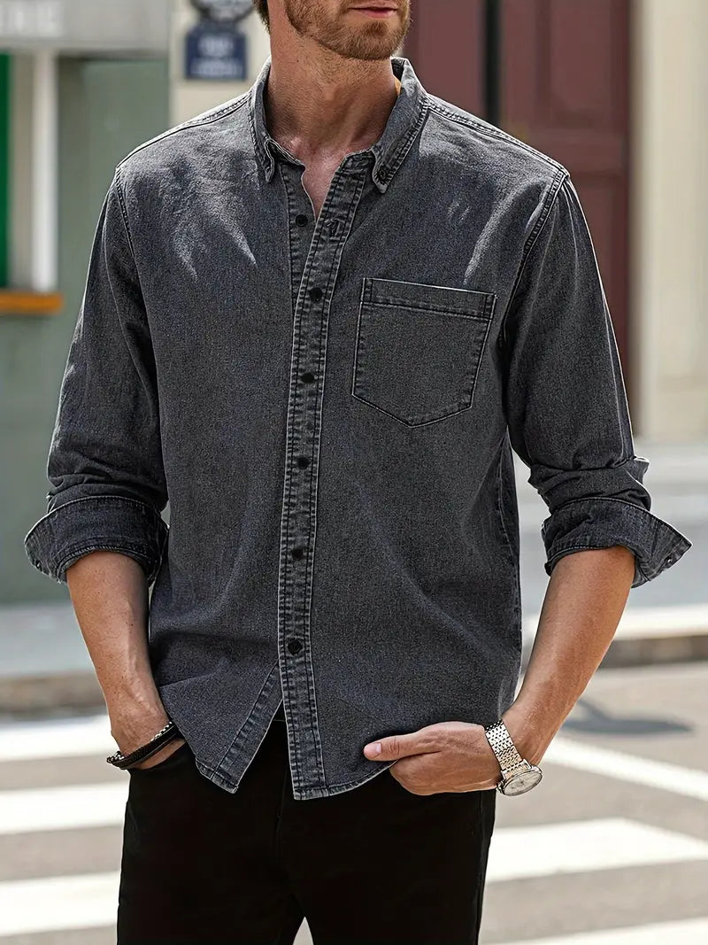 Men's Denim Shirt Long-Sleeve Button-Up Collared Classic Fit Casual Smart-Casual Everyday Relaxed Versatile