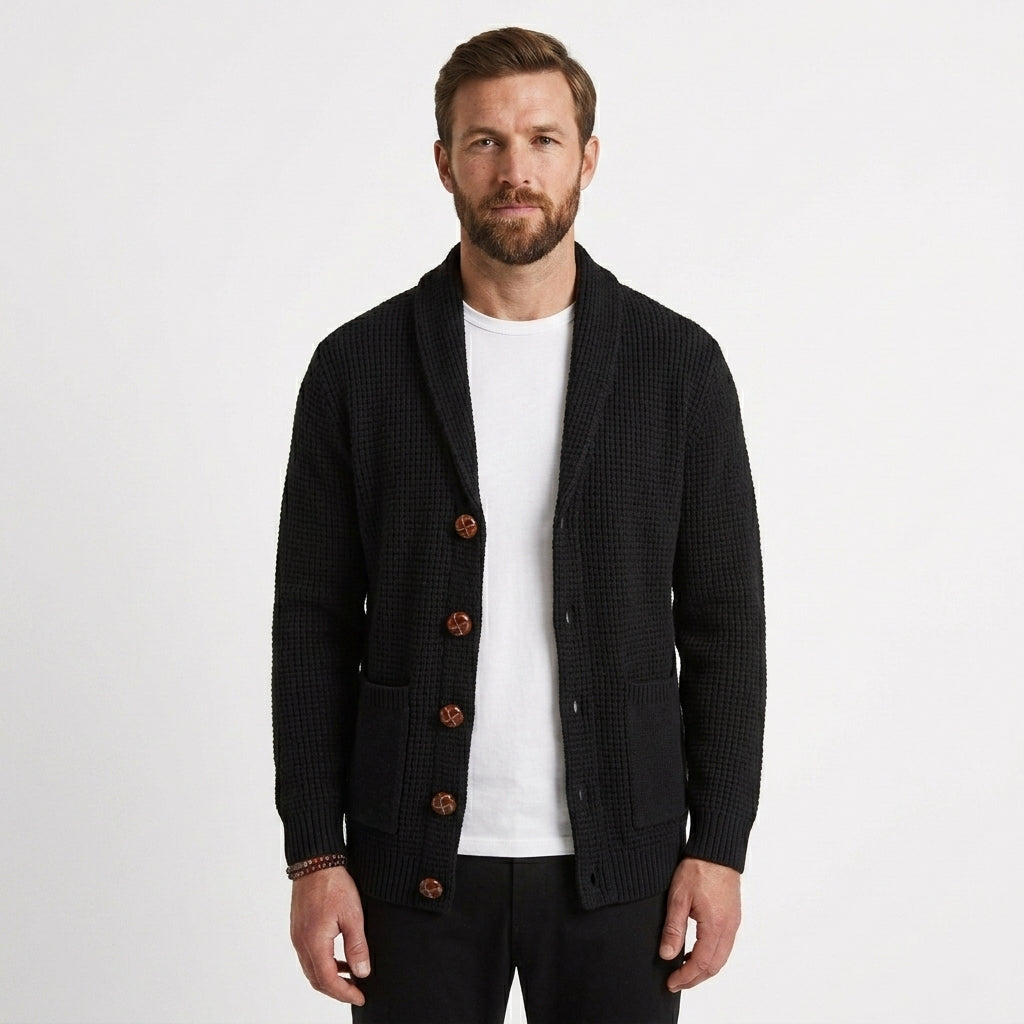 Men's Textured Waffle-Knit Cardigan Shawl Collar Open Front Casual Layering