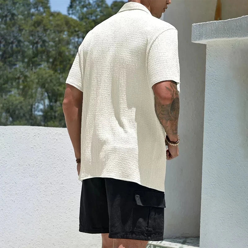 Men's Textured Shirt Cuban Collar Short-Sleeve Button Placket Casual Holiday Beach Smart-Casual Everyday Emerson
