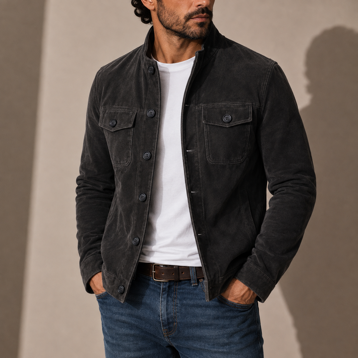 Men's Suede Jacket Stand Collar Button-Up Casual Style Everyday Fashion