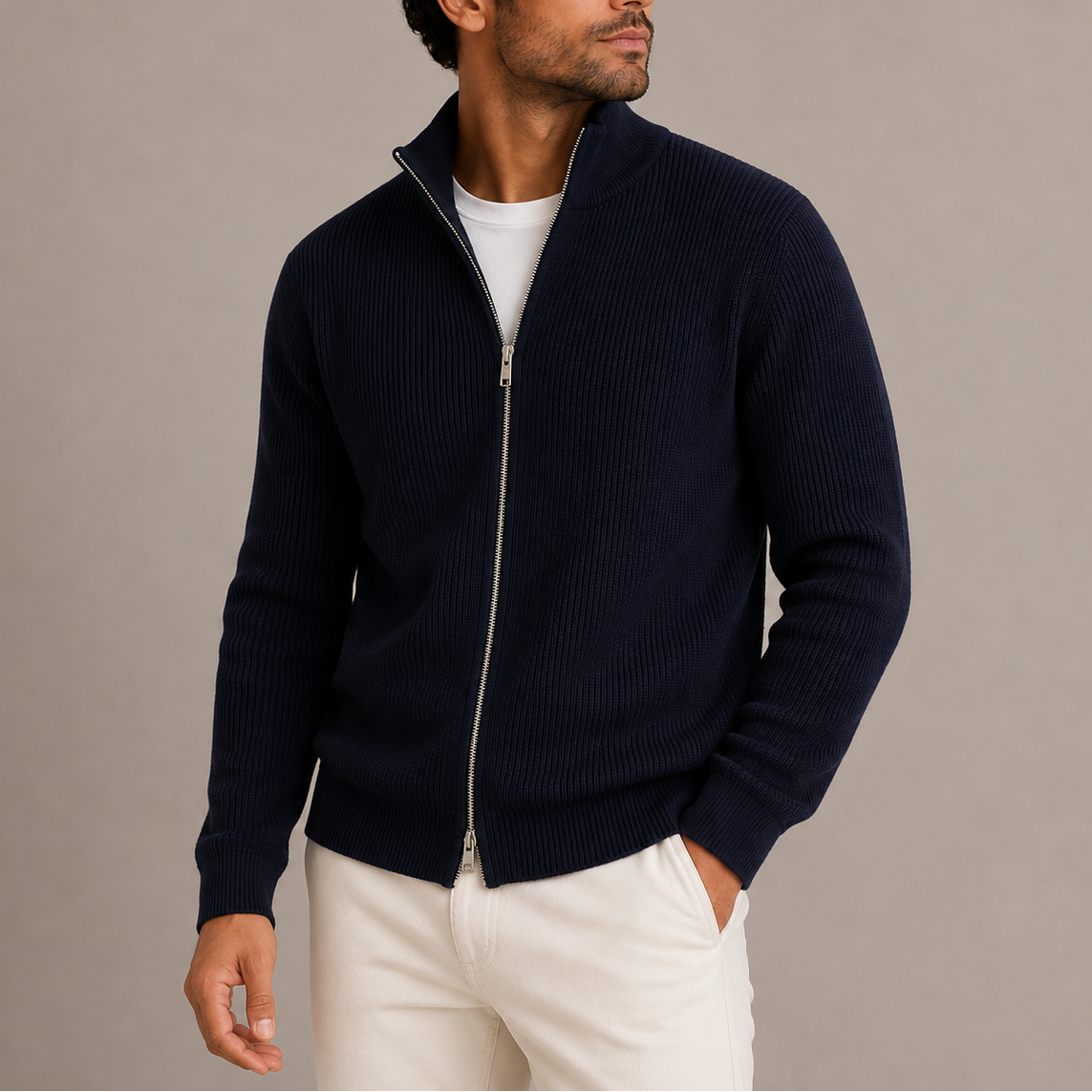 Men's Full-Zip Ribbed Cardigan Sweater Stand Collar Casual Layering