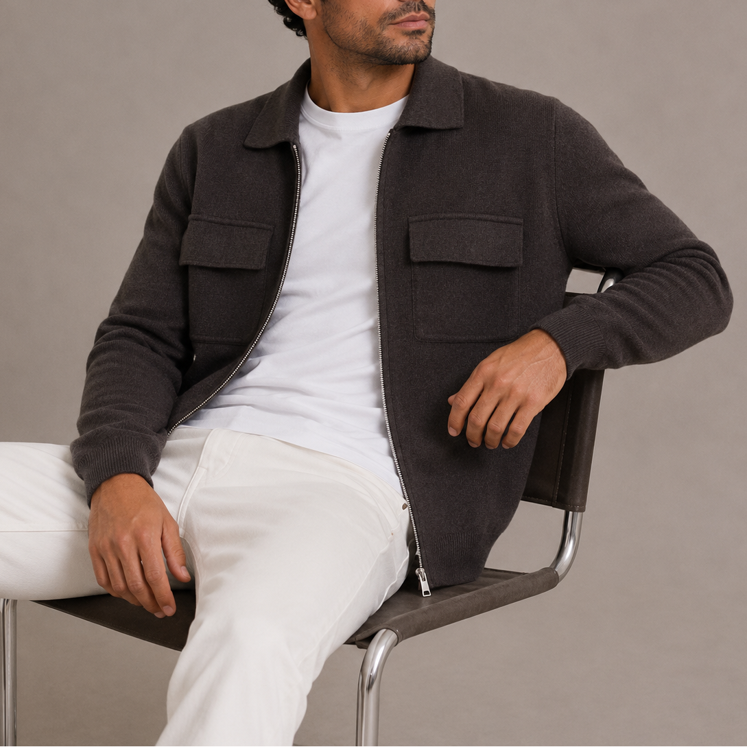 Men's Zip-Up Knit Jacket Collared Cardigan Relaxed Fit Chest Pockets Casual
