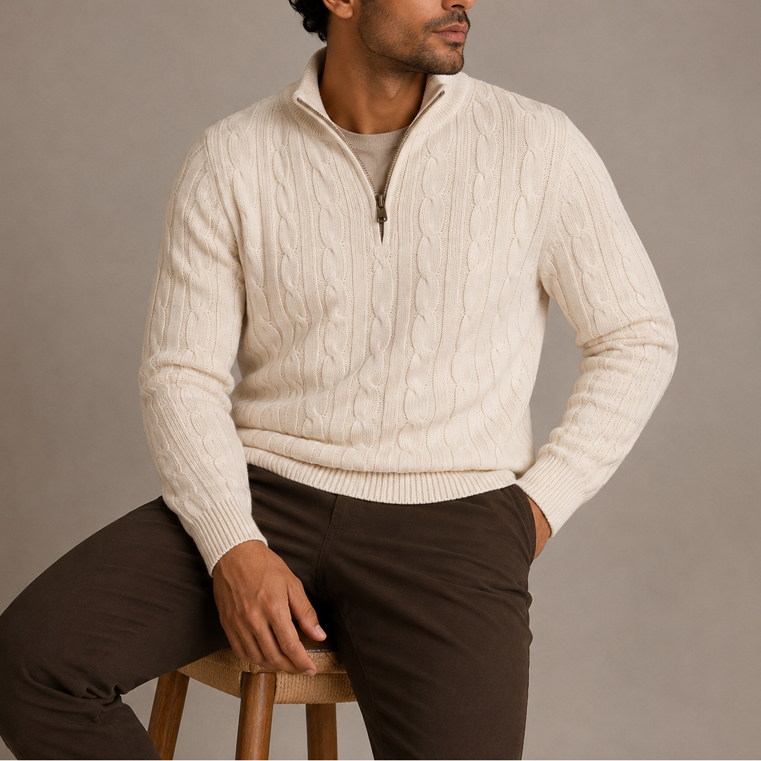 Men's Cable Knit Quarter Zip Pullover Sweater Stand Collar Casual Everyday