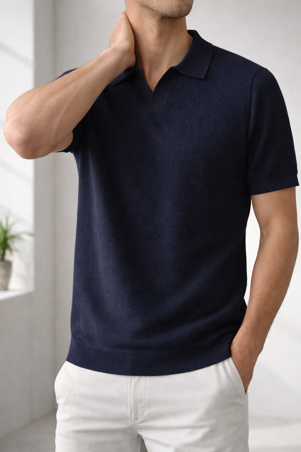 Men's Textured Knit Polo Shirt Short-Sleeve Collared Ribbed Casual Smart-Casual Everyday Golf Sport Regular Fit Rigby