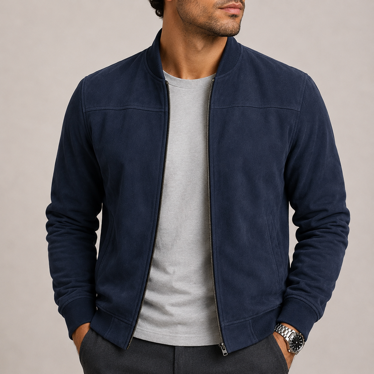 Men's Suede Bomber Jacket Casual Fit Zip Closure Classic Everyday Style