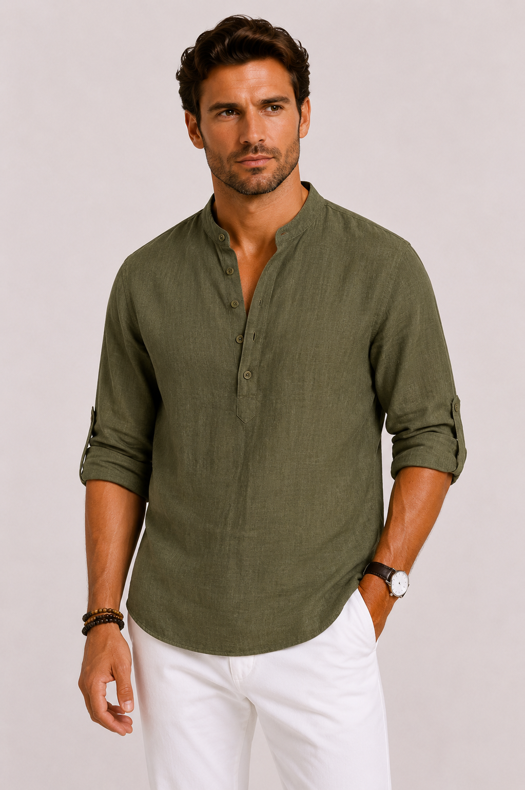 Men's Stand Collar Shirt Button-Up Short-Sleeve Casual Smart-Casual Holiday Beach Relaxed Fit Everyday Grandin