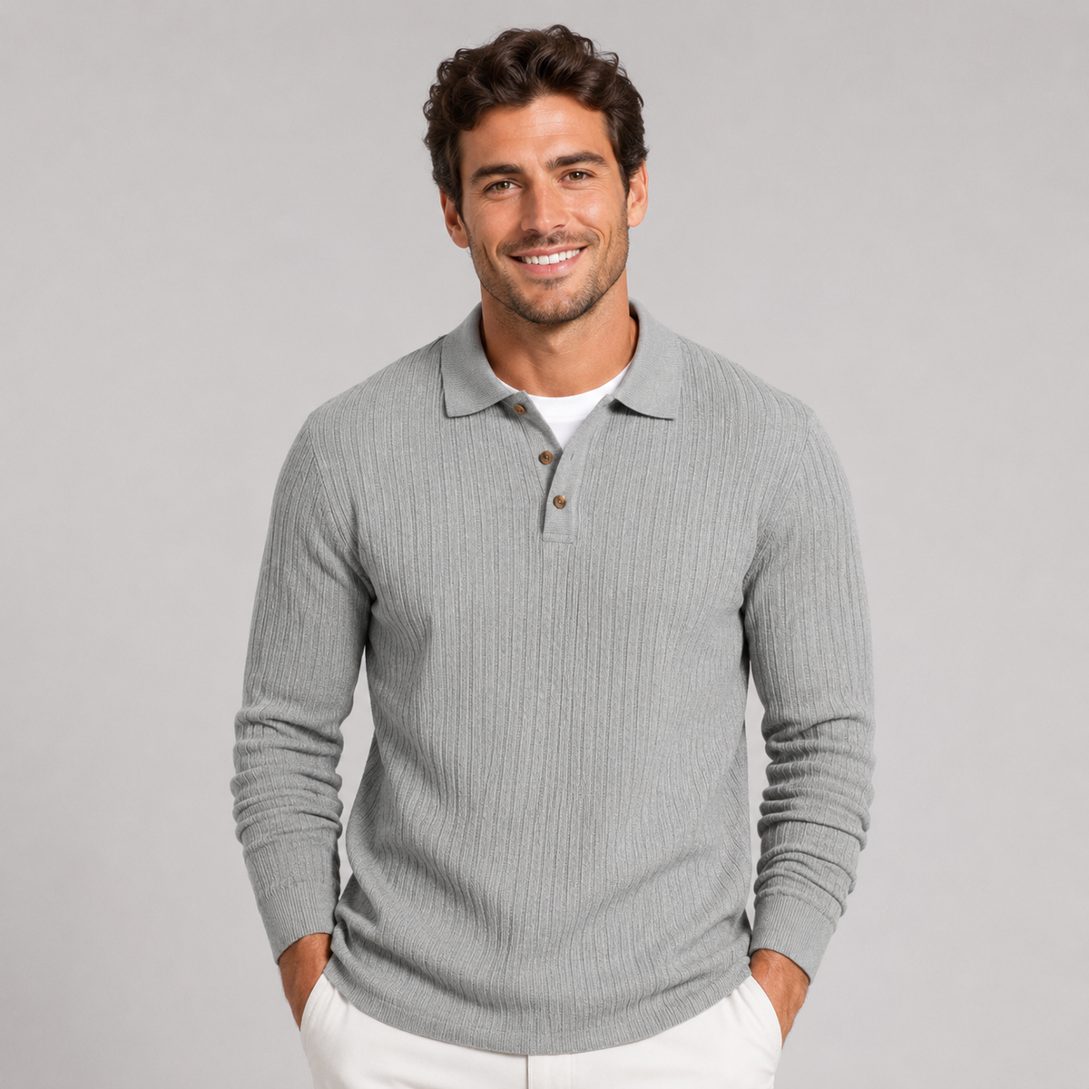 Men's Ribbed Polo Sweater Long Sleeve Collared Casual Everyday Wear