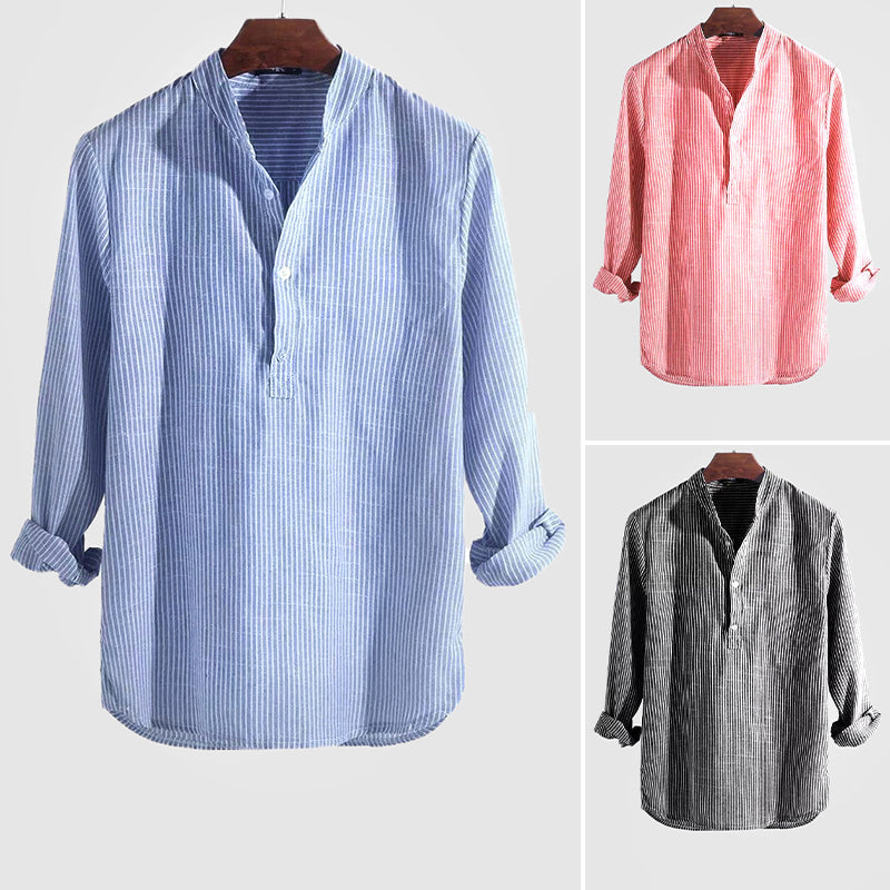 Men's Striped Henley Shirt Long-Sleeve Button Placket Slim Fit Casual Smart-Casual Everyday Layering Kelvin