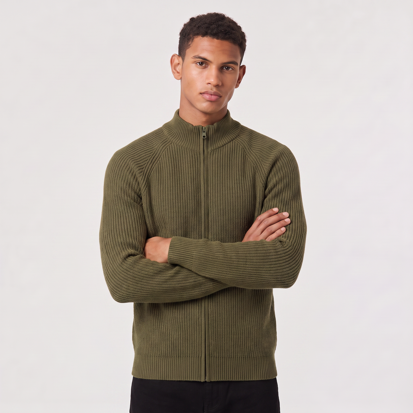 Men's Full Zip Ribbed Cardigan Relaxed Fit Long Sleeve Stand Collar Knit Layering Top
