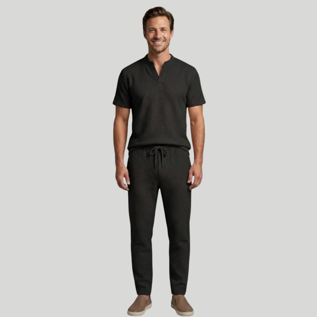 Men's Henley Set Two-Piece V-Neck Relaxed Fit Matching Knit Casual Summer Everyday Outfit Mason