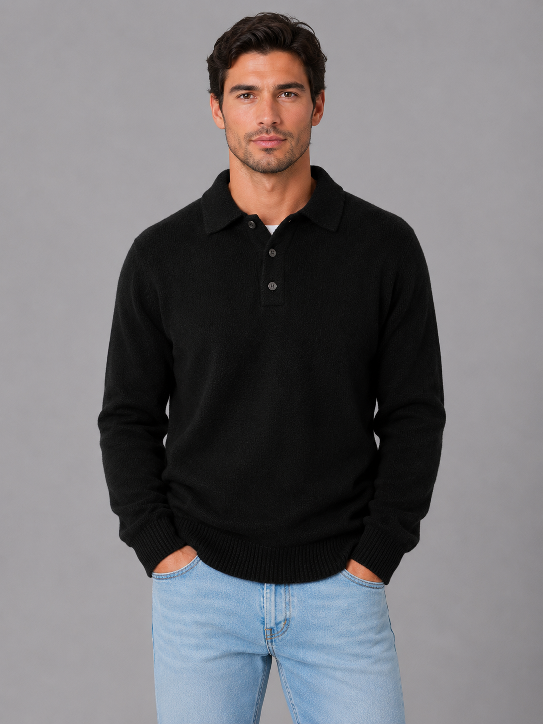 Men's Polo Knit Pullover Button Long Sleeve Stylish Casual Everyday