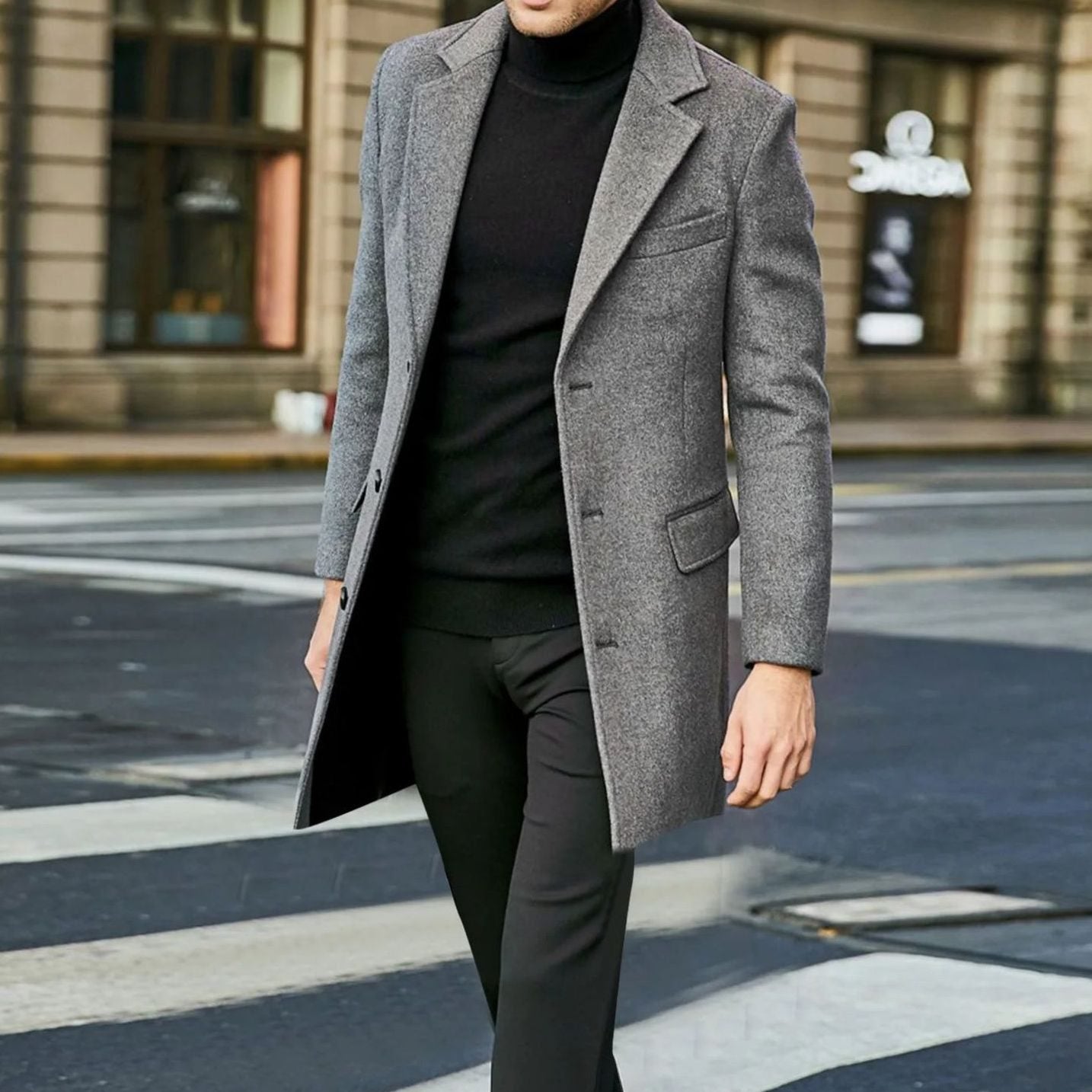 Men's Long Overcoat Single-Breasted Notch Lapel Classic Fit Stylish Outerwear