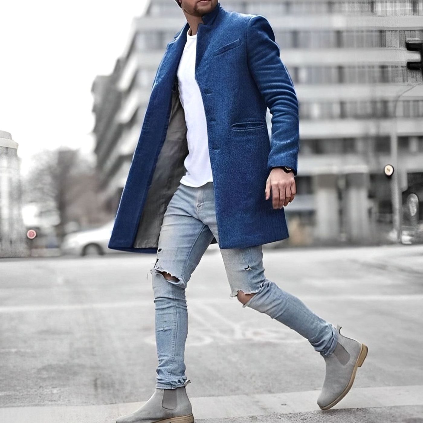 Men's Slim-Fit Mid-Length Overcoat Stand Collar Stylish Layering Outerwear