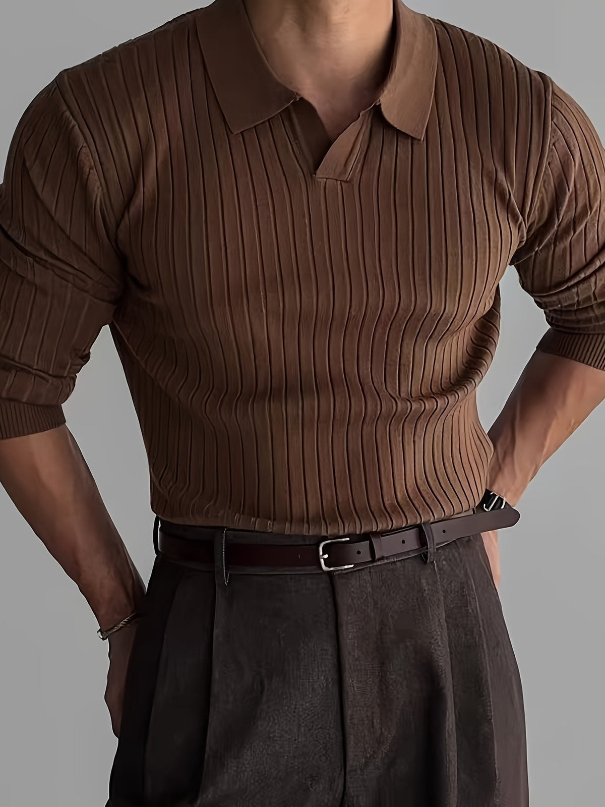 Men's Ribbed Knit Shirt Long Sleeve Collared Casual Everyday Wear
