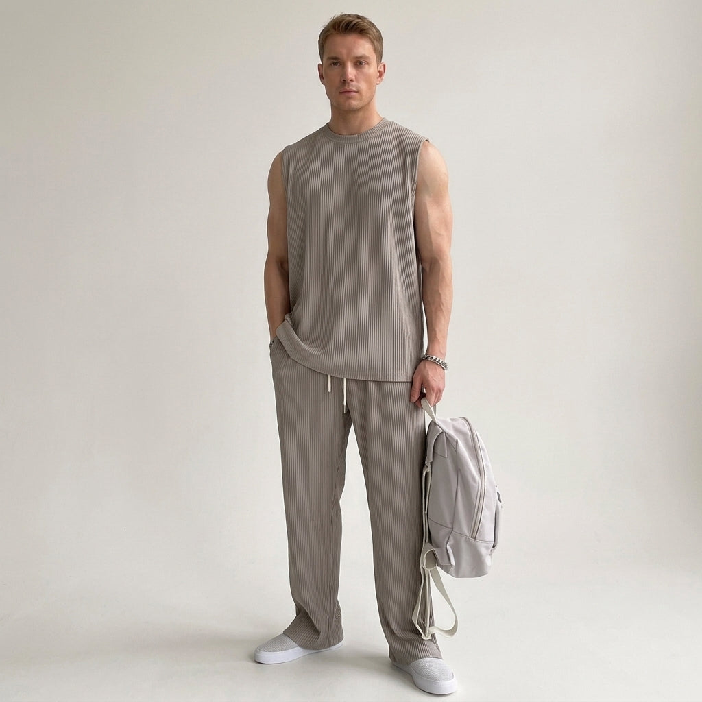 Men's Ribbed Sleeveless Top and Trousers Set Casual Relaxed Fit Everyday Wear