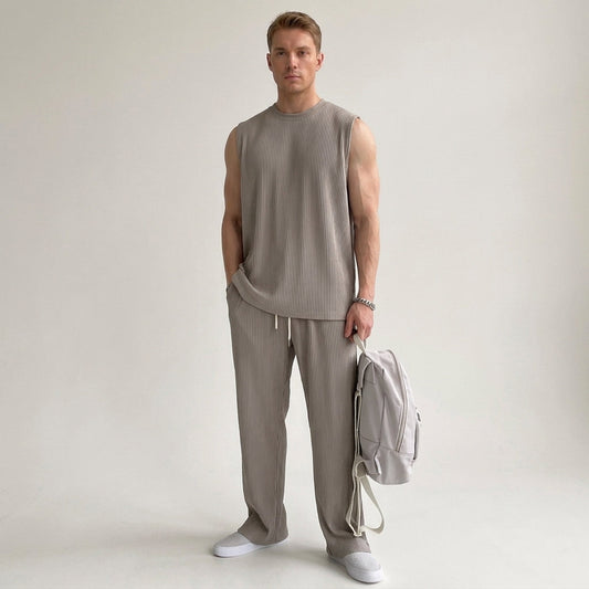 Men's Ribbed Sleeveless Top and Trousers Set Casual Relaxed Fit Everyday Wear
