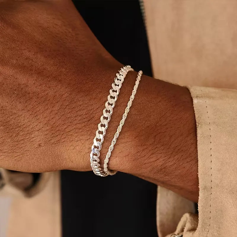Men's Bracelet Set Cuban Link and Rope Chain Stylish Accessory Everyday Wear