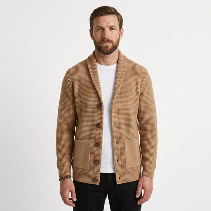 Men's Textured Waffle-Knit Cardigan Shawl Collar Open Front Casual Layering
