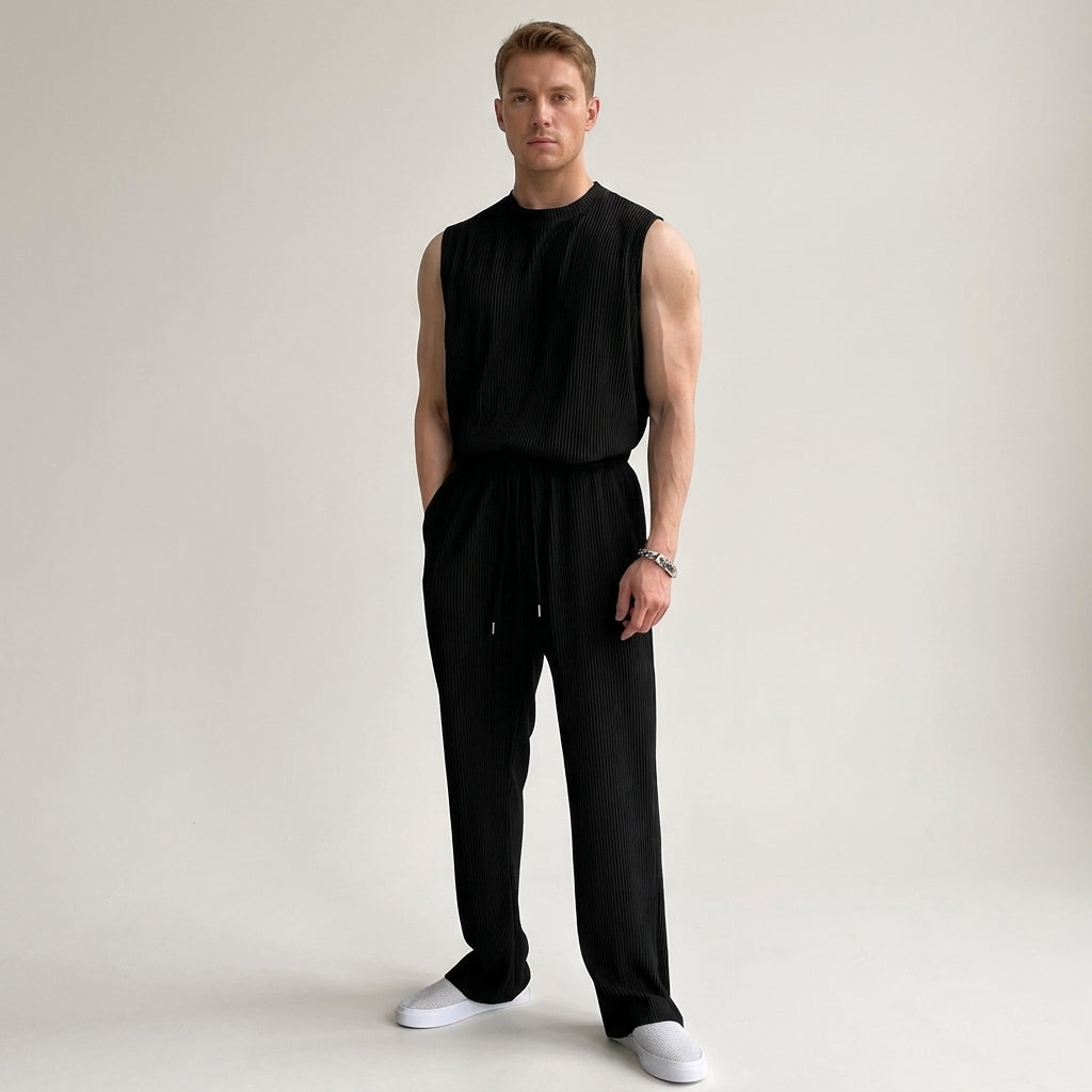 Men's Ribbed Sleeveless Top and Trousers Set Casual Relaxed Fit Everyday Wear