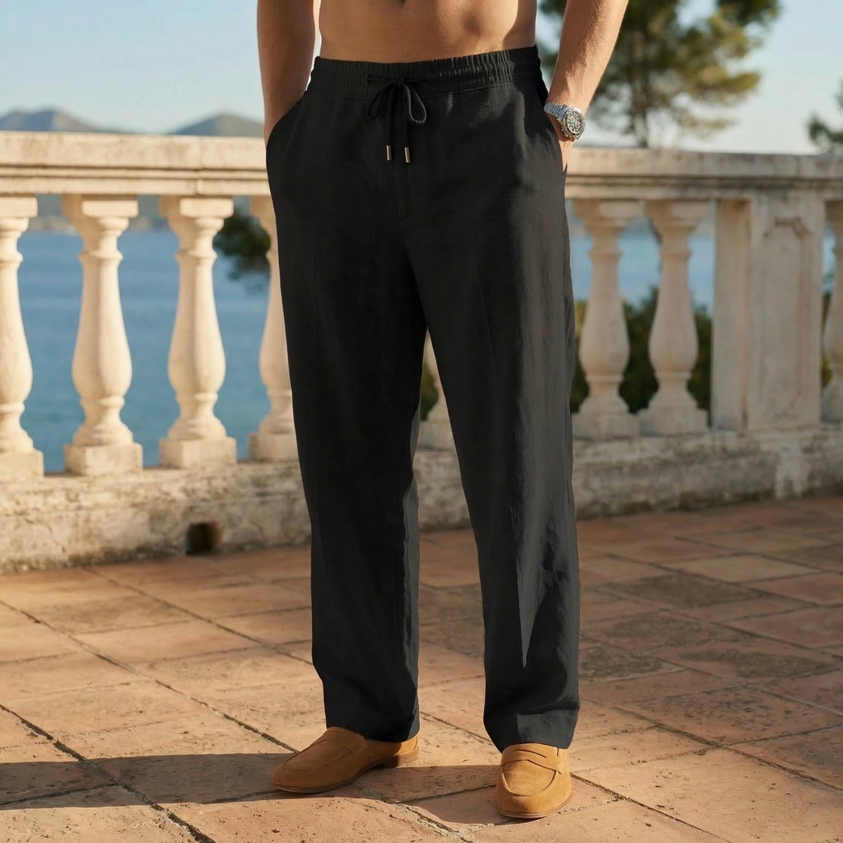 Men's Relaxed Trousers Loose Fit Drawstring Elastic Waist Comfort Casual Everyday Smart-Casual Tapered Lounge Osborne