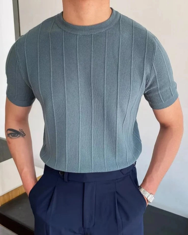 Men's Ribbed T-Shirt Vertical Textured Crew Neck Short-Sleeve Slim Fit Casual Everyday Layering Streetwear Dashiell