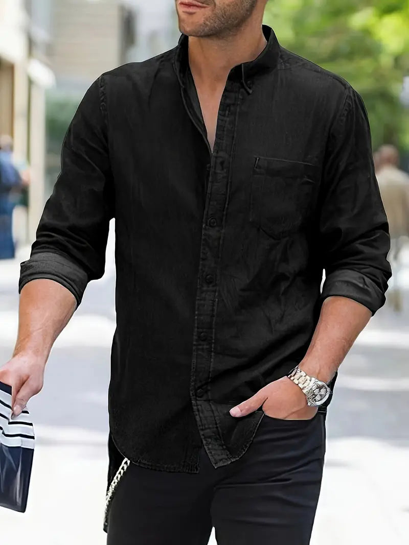 Men's Denim Shirt Long-Sleeve Button-Up Collared Classic Fit Casual Smart-Casual Everyday Relaxed Versatile