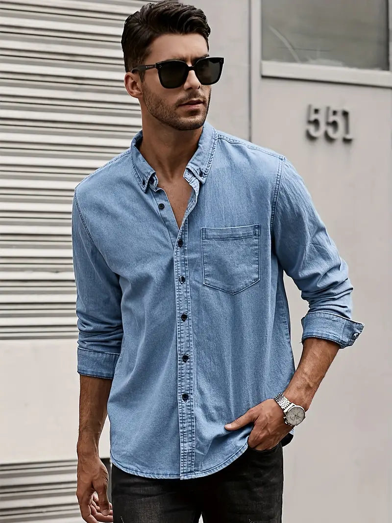 Men's Denim Shirt Long-Sleeve Button-Up Collared Classic Fit Casual Smart-Casual Everyday Relaxed Versatile