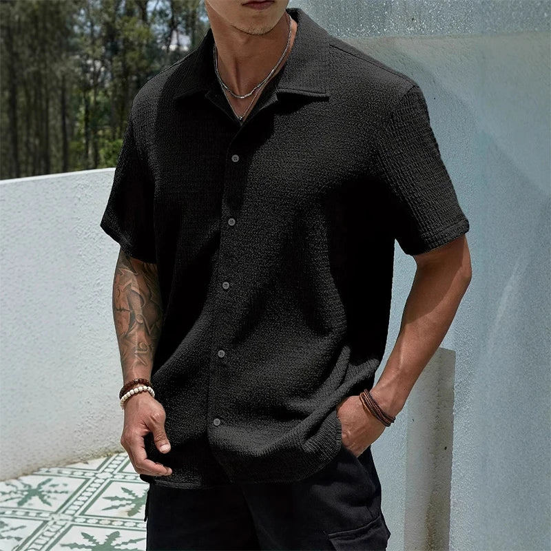 Men's Textured Shirt Cuban Collar Short-Sleeve Button Placket Casual Holiday Beach Smart-Casual Everyday Emerson