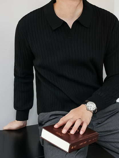 Men's Ribbed Knit Shirt Long Sleeve Collared Casual Everyday Wear
