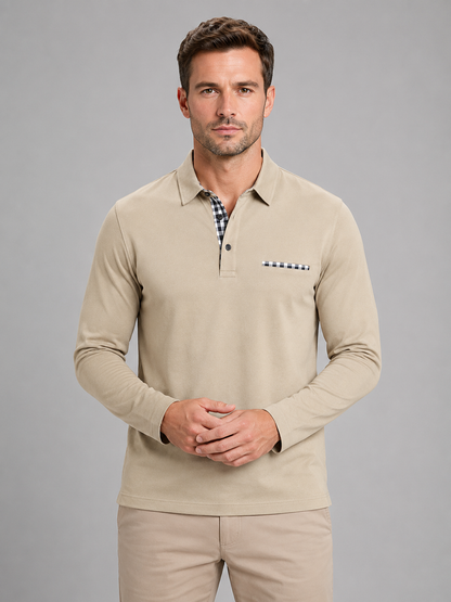 Men's Long Sleeve Polo Shirt Gingham Trim Casual Stylish Everyday Top