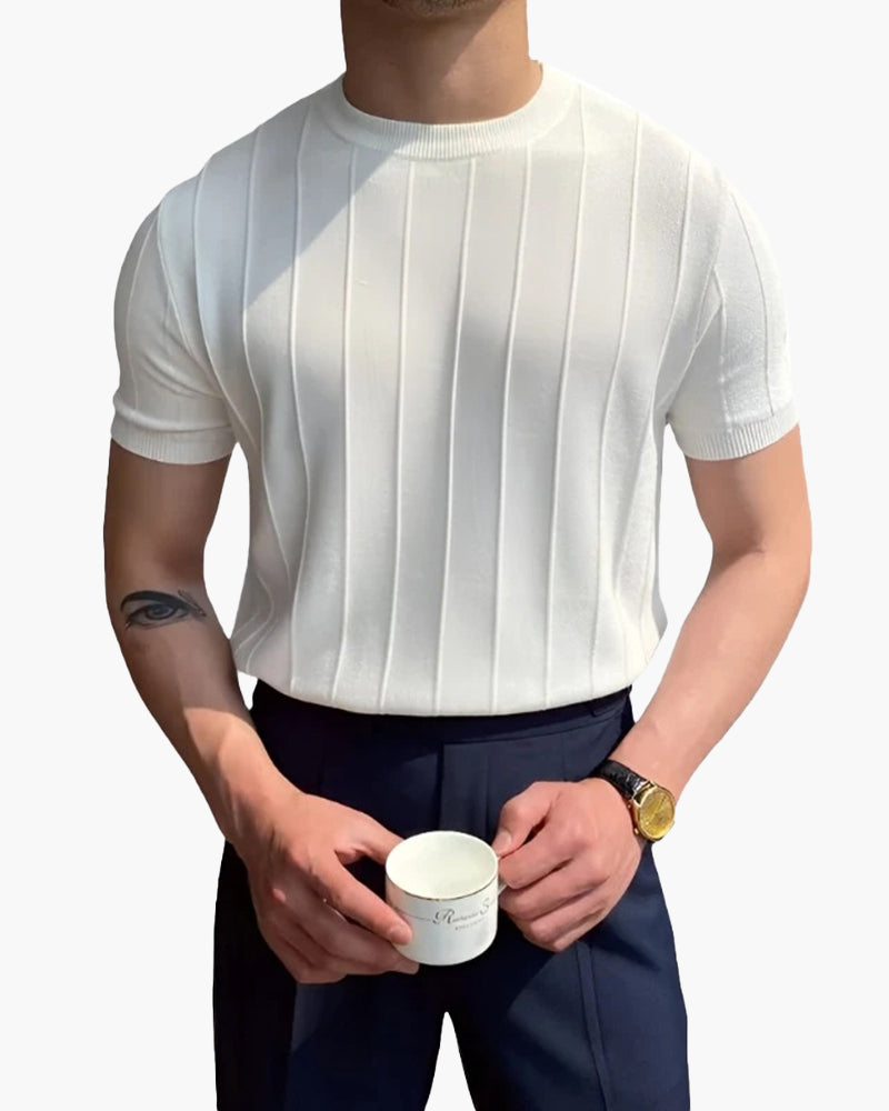 Men's Ribbed T-Shirt Vertical Textured Crew Neck Short-Sleeve Slim Fit Casual Everyday Layering Streetwear Dashiell
