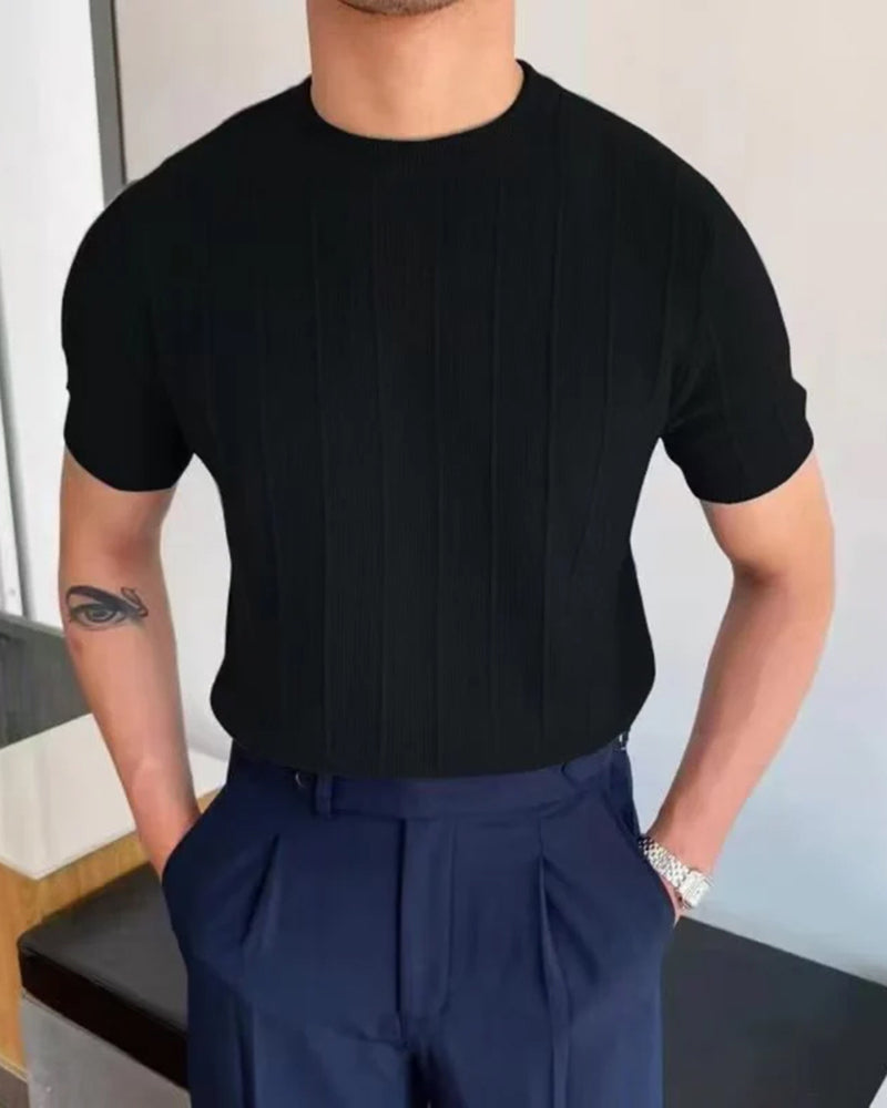 Men's Ribbed T-Shirt Vertical Textured Crew Neck Short-Sleeve Slim Fit Casual Everyday Layering Streetwear Dashiell