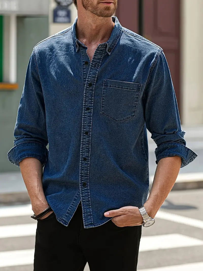 Men's Denim Shirt Long-Sleeve Button-Up Collared Classic Fit Casual Smart-Casual Everyday Relaxed Versatile