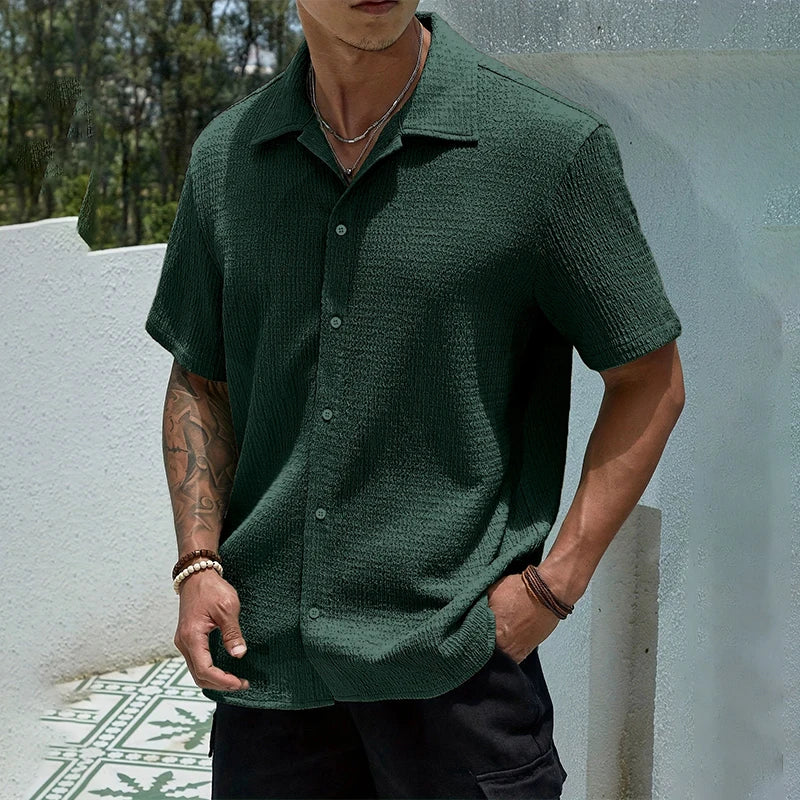 Men's Textured Shirt Cuban Collar Short-Sleeve Button Placket Casual Holiday Beach Smart-Casual Everyday Emerson