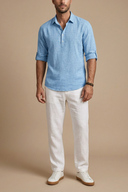 Men's Polo Shirt Long-Sleeve Collared Button Placket Breathable Holiday Beach Casual Ronan