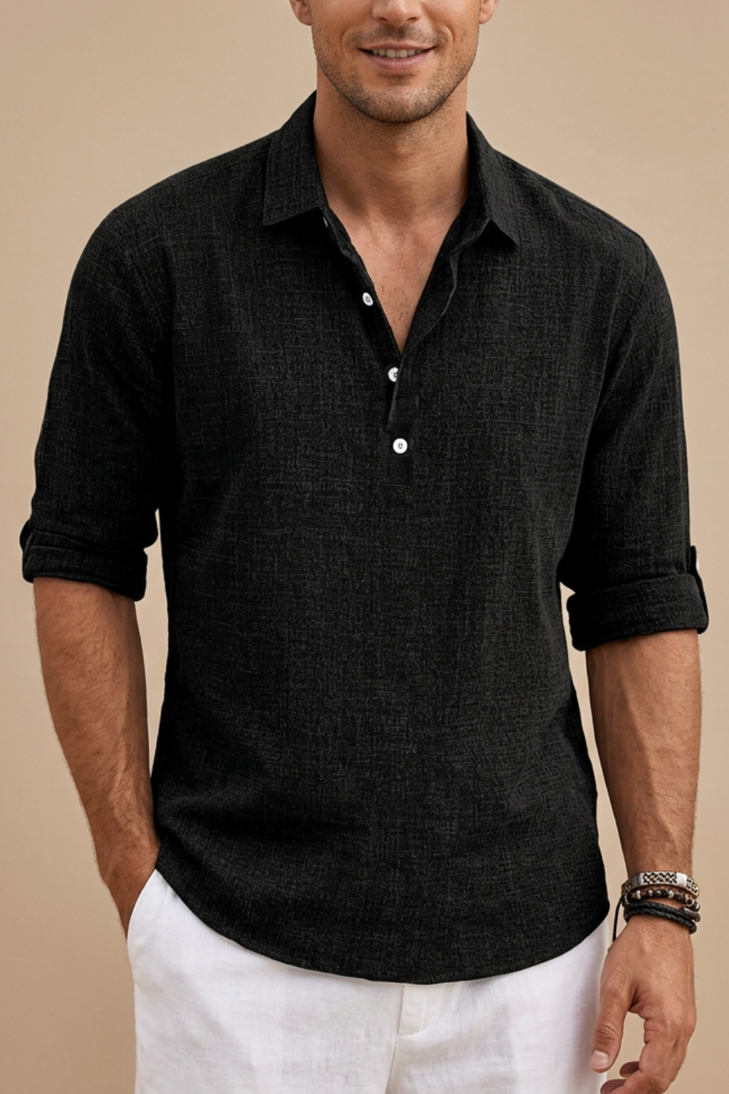 Men's Polo Shirt Long-Sleeve Collared Button Placket Breathable Holiday Beach Casual Ronan