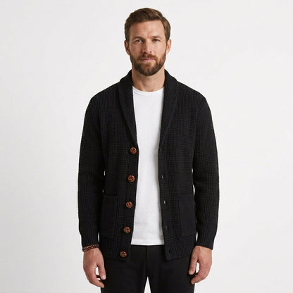 Men's Textured Waffle-Knit Cardigan Shawl Collar Open Front Casual Layering