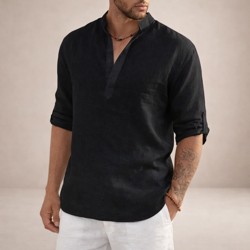 Men's Long-Sleeve Shirt Stand-Up Collar Button-Up Casual Smart-Casual Office Everyday Relaxed Fit Versatile Colton