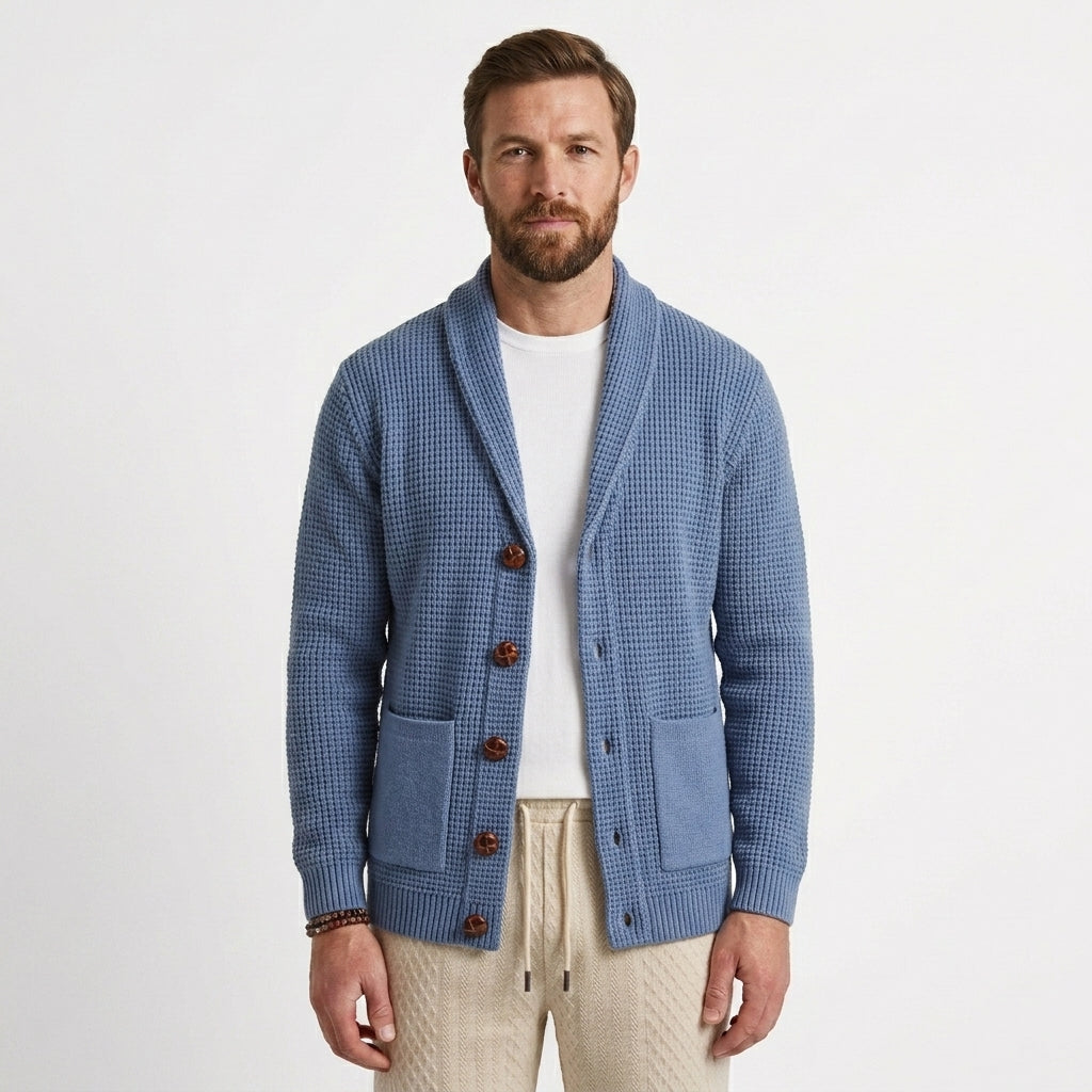 Men's Textured Waffle-Knit Cardigan Shawl Collar Open Front Casual Layering