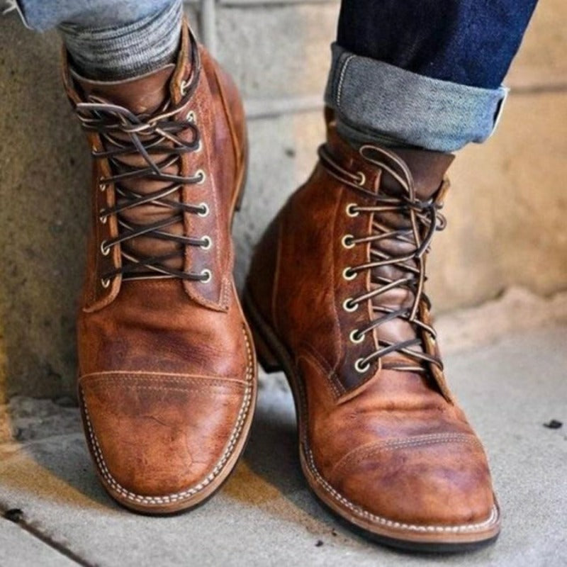 Men's Lace-Up Boots Ankle Combat Round Toe Rugged Casual Smart-Casual Office Everyday Outdoor Leather Look Ryland