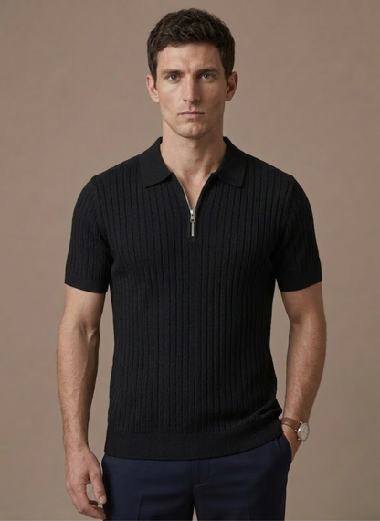 Men's Striped Knit Polo Shirt Short-Sleeve Collared Ribbed Casual Smart-Casual Everyday Golf Everett