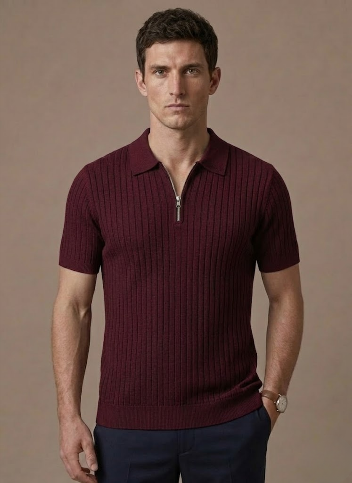 Men's Striped Knit Polo Shirt Short-Sleeve Collared Ribbed Casual Smart-Casual Everyday Golf Everett