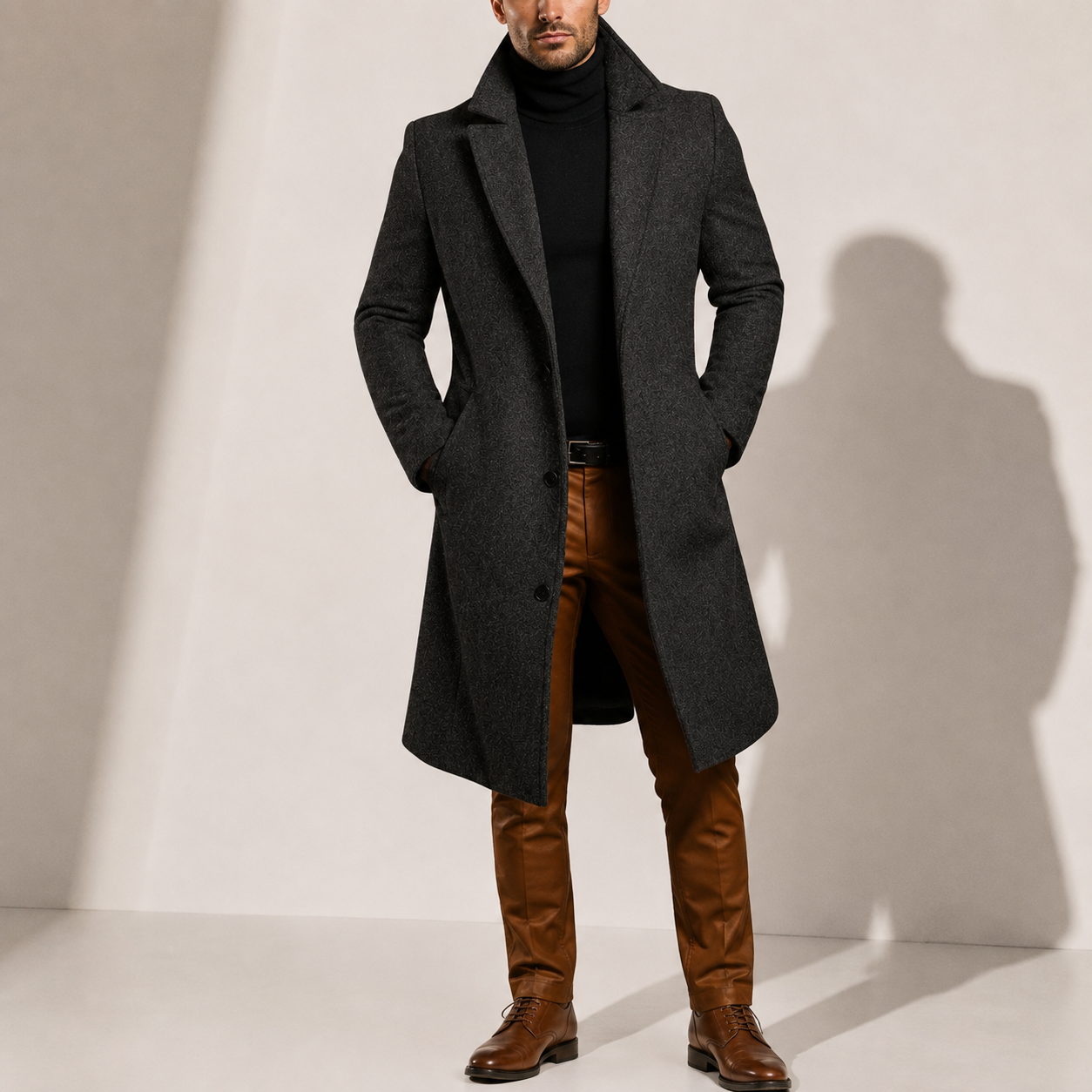 Men's Classic Long Overcoat Tailored Fit Double-Breasted Stylish Winter Outerwear