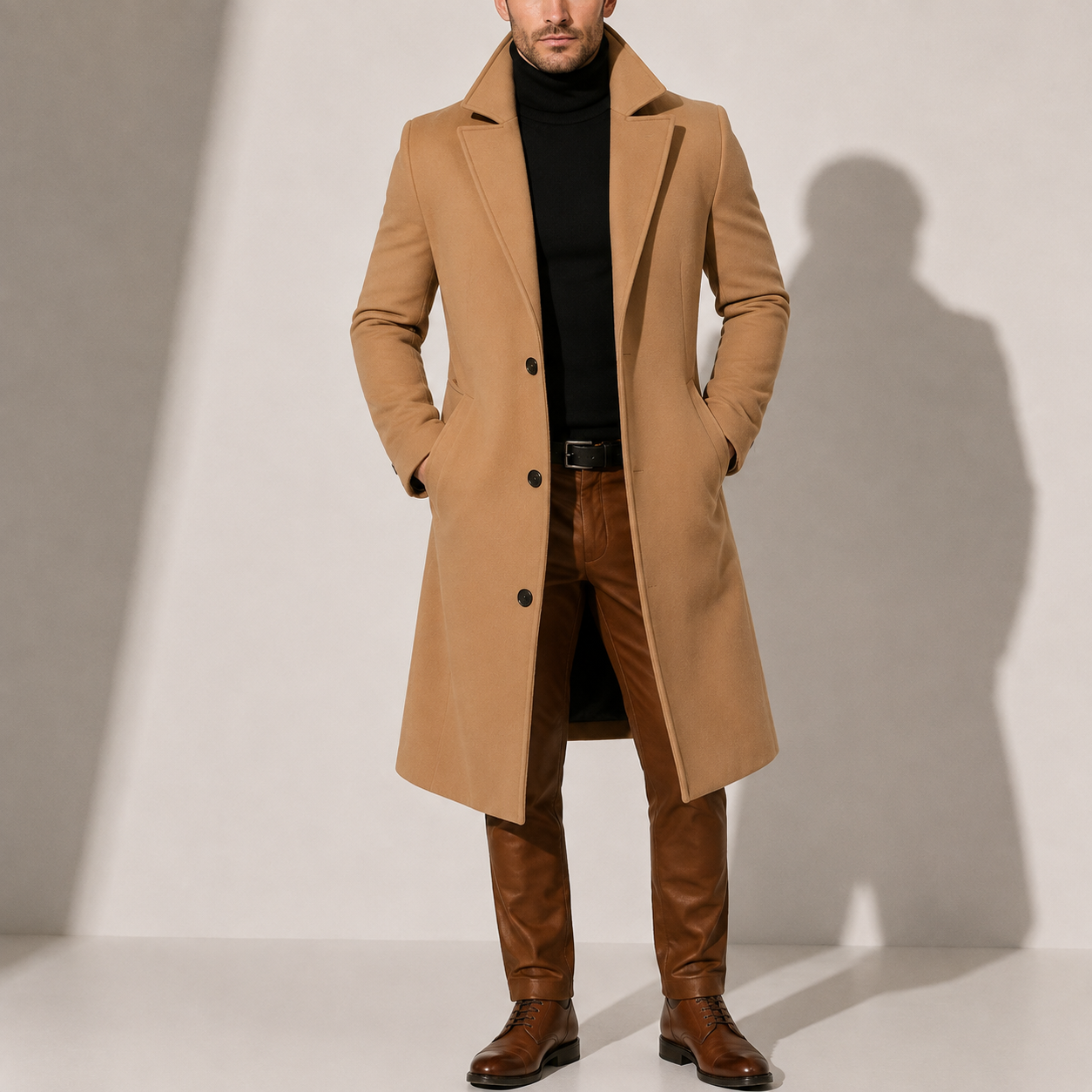 Men's Classic Long Overcoat Tailored Fit Double-Breasted Stylish Winter Outerwear