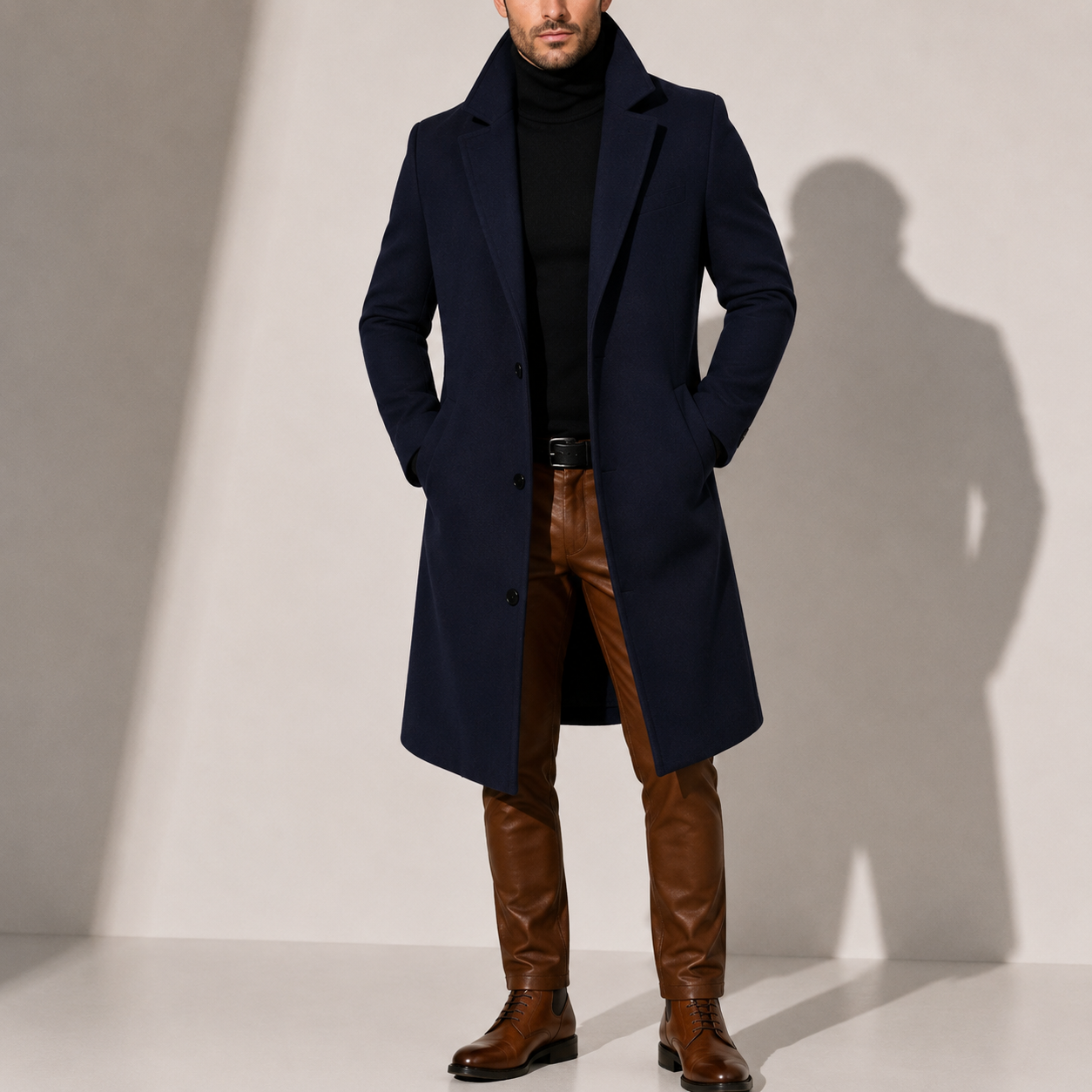 Men's Classic Long Overcoat Tailored Fit Double-Breasted Stylish Winter Outerwear