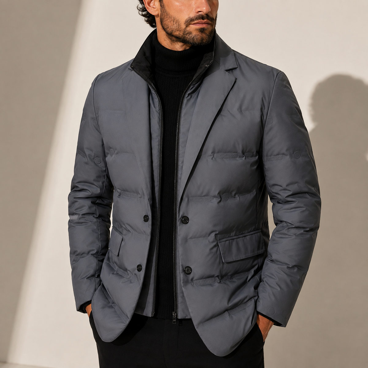 Men's Quilted Puffer Jacket Zip Closure Stand Collar Casual Layering