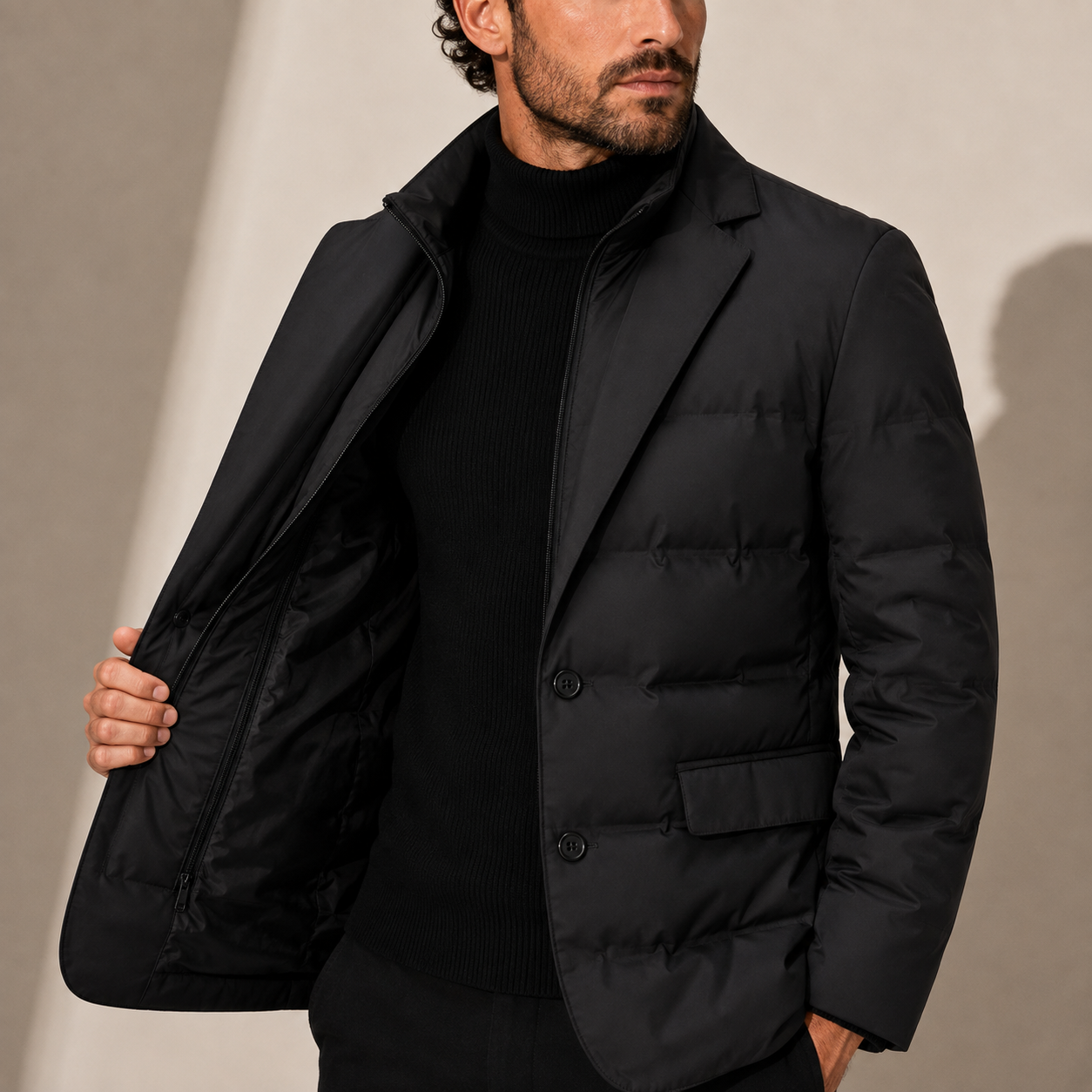 Men's Quilted Puffer Jacket Zip Closure Stand Collar Casual Layering