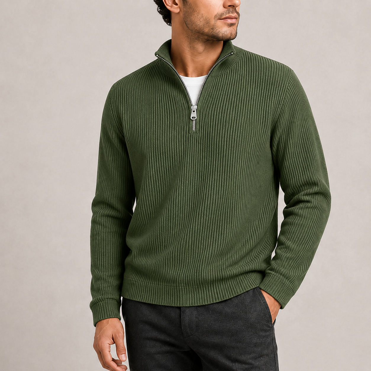 Men's Smart Casual Ribbed Quarter-Zip Sweater Stylish Knit Jumper