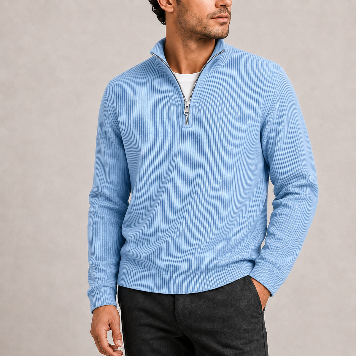Men's Smart Casual Ribbed Quarter-Zip Sweater Stylish Knit Jumper